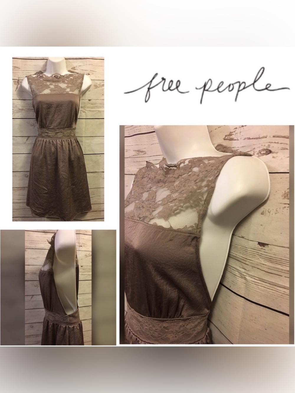 Free People mini dress features a brown satin-like finish and delicate lace